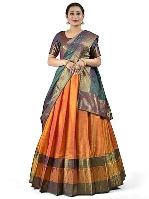 Gold-Green Art Silk Floral Butti In Diamond Pattern Jacquard Work Banarasi Half Saree Style Lehenga Choli With Dupatta