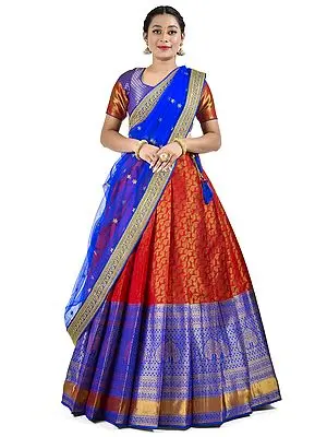 Blue-Red Tree Motif Zari Woven Art Silk Banarasi Half Saree Style Lehenga Choli With Dupatta