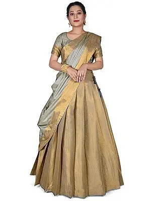 Grey Art Silk Ogee Pattern Jacquard Work Banarasi Half Saree Style Lehenga Choli With Dupatta