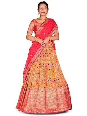 Yellow Art Silk Patola Print With Zari Work Banarasi Half Saree Style Lehenga Choli And Dupatta