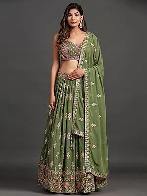 Green Georgette Paisley Motif Lehenga Choli with Sequins, Thread, Mirror Embroidery and Latkan Dupatta