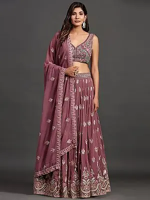 Lavender Georgette Floral Pattern Lehenga Choli with Sequins, Thread, Mirror Work and Latkan Dupatta