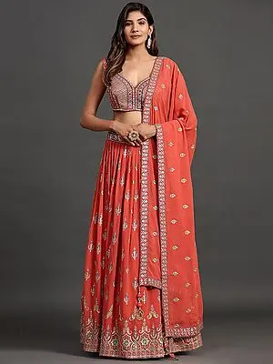 Coral Color Butta Pattern Georgette Lehenga Choli with Sequins, Thread, Mirror Embroidery and Dupatta