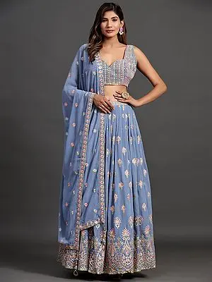 Powder-Blue Georgette Floral Butta Motif Lehenga Choli with Sequins, Thread, Mirror Work and Dupatta