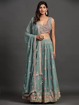 Sea-Green Georgette Embroidered Lehenga Choli with Sequins, Thread, Mirror Work and Matching Latkan Dupatta