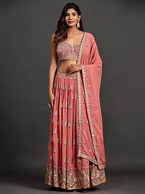Pink Georgette Sequins, Thread, Mirror Embroidered Lehenga Choli with Matching Dupatta