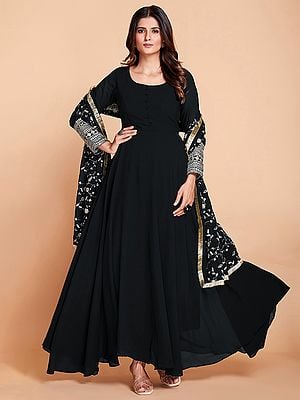 Faux Georgette Black Gown with Floral Pattern Embroidered Dupatta and Zari Work