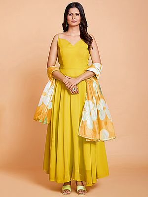Yellow Faux Georgette Plain Gown with Floral Printed Dupatta