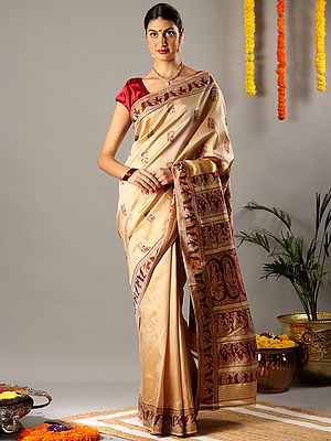 Beige Baluchari Sari from Bengal Depicting Radha Krishna