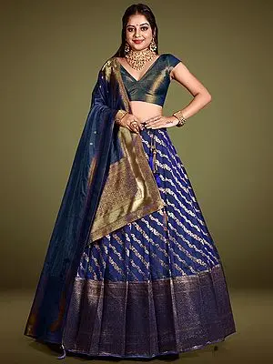 Navy-Blue Art Silk Leheriya Motif Zari Work Half Saree Style Banarasi Lehenga Choli with Dupatta