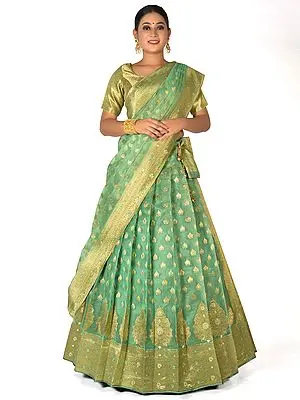 Art Silk Floral Jacquard Woven Half Saree Style Banarasi Lehenga Choli With Dupatta