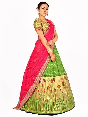 Green Floral Pattern Zari Work Half Saree Style Banarasi Lehenga Choli With Embroidered Dupatta