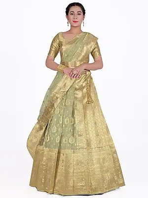 Art Silk Floral Pot Zari Woven Half Saree Style Lehenga Choli With Dupatta