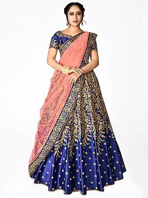 Blue Poly Satin Floral Vine Zari Embroidered Lehenga Choli With Dupatta