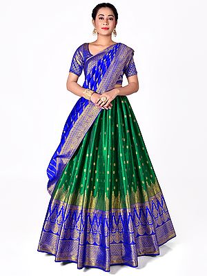Green-Blue Art Silk All-Over Zari Woven Half Saree Style Lehenga Choli With Dupatta