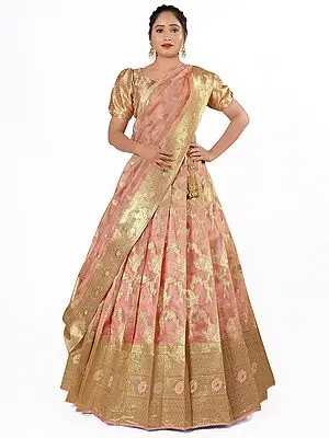 Art Silk Phool Bail Pattern Zari Work Banarasi Half Saree Style Lehenga Choli with Dupatta