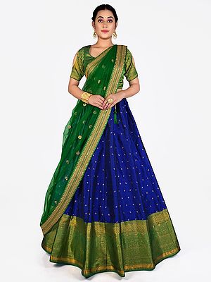 Art Silk Banarasi Peacock-Floral Pattern Jacquard Woven Half Saree Style Lehenga Choli with Dupatta
