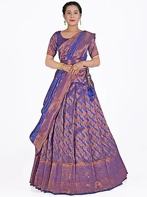 Blue Art Silk Zari Woven Bail Pattern Half Saree Style Lehenga Choli With Dupatta