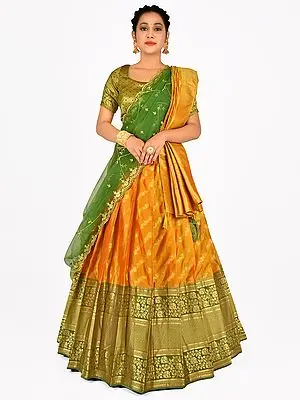 Art Silk Golden Zari Woven Half Saree Style Lehenga Choli with Elephant-Floral Bail Motif and Dupatta