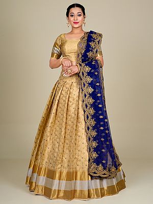 Art Silk Half Saree Style Banarasi Lehenga Choli With Zari Woven Phool Bail Pattern And Scalloped Dupatta