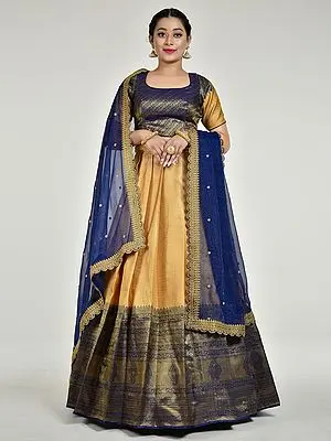 Peach-Blue Jacquard Woven Half Saree Style Lehenga Choli With Vine-Floral Pattern And Scalloped Dupatta