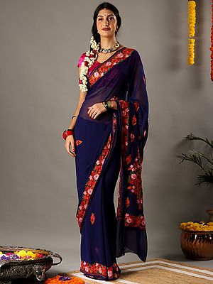 Dark Blue Georgette Aari Embroidered Saree From Kashmir
