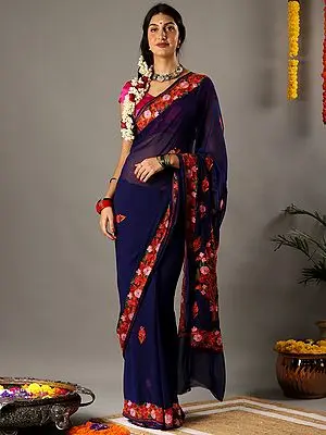 Dark Blue Georgette Aari Embroidered Saree from Kashmir