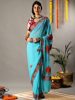 Turquoise Georgette Aari Embroidered Saree from Kashmir