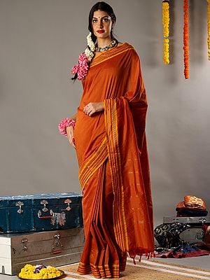 Rust Kanji Cotton Saree With Tassel Pallu