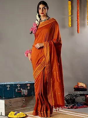 Rust Kanji Cotton Saree with Tassel Pallu