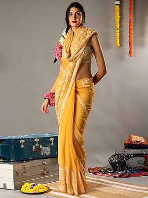 Yellow Floral Chikankari Embroidered Saree From Lucknow