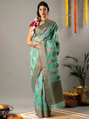 Sea Green Kora Silk Floral Saree