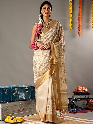 Beige And Gold Art Silk Honeycomb Pattern Tassel Pallu Saree
