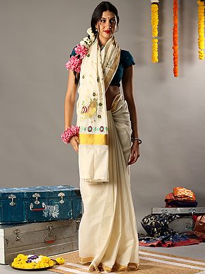 Cream And Gold Traditional Cotton Kasavu Saree With Peacock Embroidered Pallu From Kerala