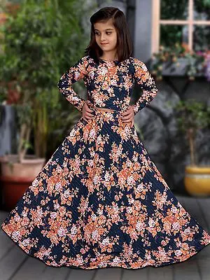 Blue Color Heavy Chinon Silk All-Over Floral Print Kids Lehenga Choli