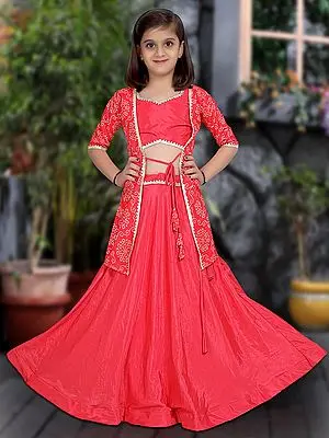 Rani-Pink Heavy Silk Kid's Lehenga Choli With Rayon Patola Print Shrug
