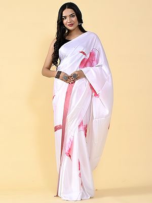 Rich-White Heavy Satin Silk Floral Digital Printed Saree With Matching Silk Blouse