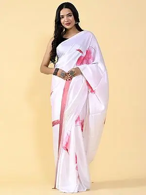 Rich-White Heavy Satin Silk Floral Digital Printed Saree with Matching Silk Blouse