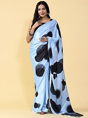 Blue Heavy Satin Silk Digital Printed Saree With Matching Silk Blouse