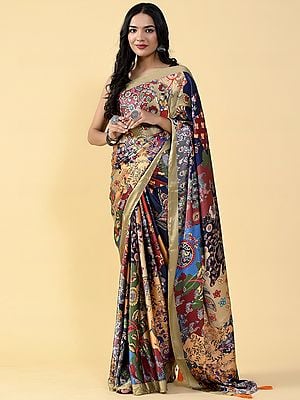 Heavy Satin Silk Multicolor Digital kalamkari Printed Saree With Matching Silk Blouse