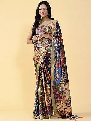 Heavy Satin Silk Multicolor Digital kalamkari Printed Saree with Matching Silk Blouse