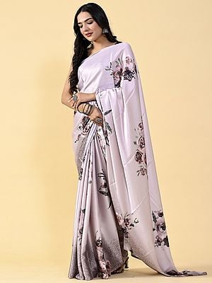 Rose-Gold Heavy Satin Silk Floral Rose Digital Printed Saree With Matching Silk Blouse