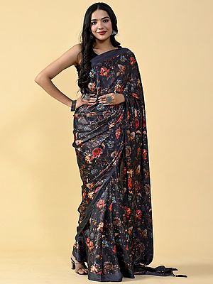Black Digital Printed Heavy Satin Silk Saree With Matching Silk Blouse