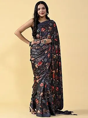 Black Digital Printed Heavy Satin Silk Saree with Matching Silk Blouse