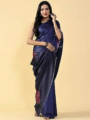 Royal-Blue Heavy Satin Silk Dried Leaf Venation Digital Printed Saree with Matching Silk Blouse
