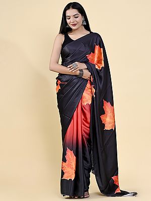Black Chinar Leaf Digital Printed Heavy Satin Silk Saree With Matching Silk Blouse