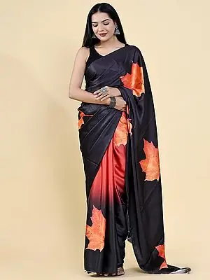 Black Chinar Leaf Digital Printed Heavy Satin Silk Saree with Matching Silk Blouse