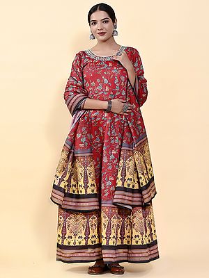 Heavy Chanderi Silk Floral Vine Digital Printed Anarkali Gown With Matching Dupatta