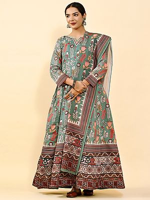 Heavy Chanderi Silk Digital Floral Leaf Printed Anarkali Gown with Matching Latkan Dupatta