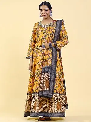 Mustard-Orange Anarkali Gown with Peacock-Vine Digital Printed and Matching Dupatta